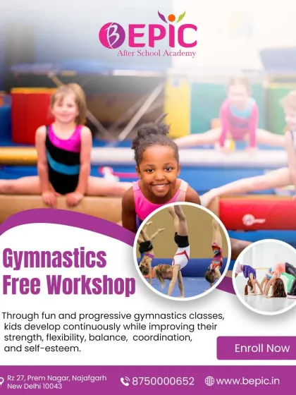 Our gymnastics workshops are a great introduction to the sport. We guide children through progressive exercises that improve their balance, coordination, and self esteem in a fun and supportive setting.