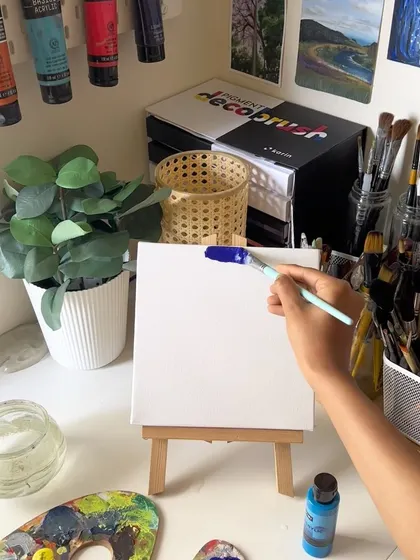 The start of a new painting. A blank canvas on an easel in my studio is always full of possibility.