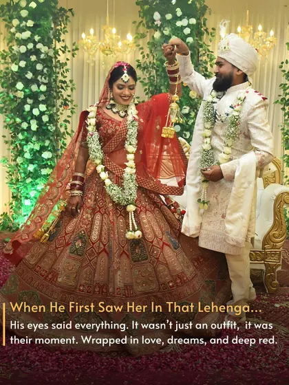 When He First Saw Her in That Lehenga. His eyes said everything. It was their moment, wrapped in love, dreams, and deep red. A moment too precious to be experienced only once.