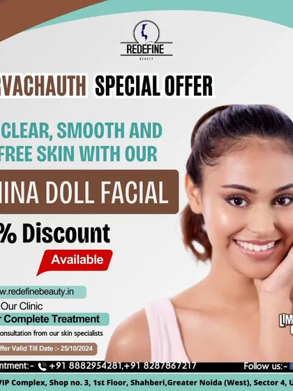 A special Karvachauth offer for the China Doll Facial, which is another name for the Carbon Laser Peel. It's designed to give you clear, smooth, and oil-free skin for the festive season.