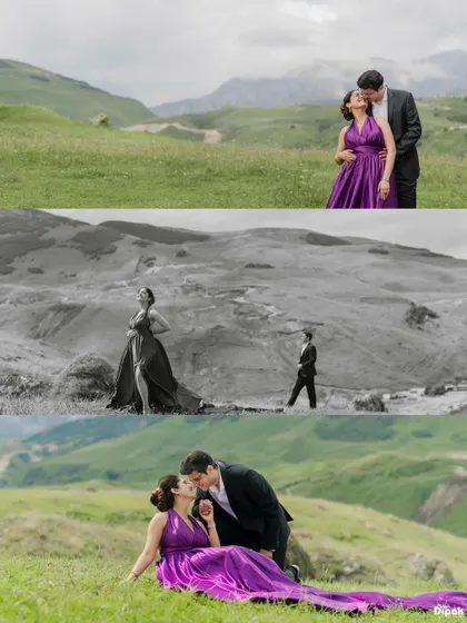 A creative collage from a pre-wedding shoot in the mountains of Azerbaijan, blending color and black-and-white images to tell a more dynamic story.