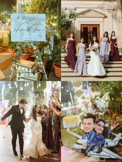 A collage capturing the unique, travel-themed details of a wedding. From the welcome sign to the custom caricature, these elements show the couple's personality and story.