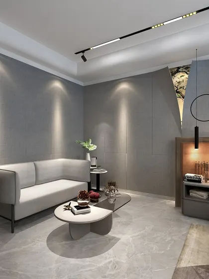 A render of a modern boy's bedroom in Rajouri Garden. The design uses a cool gray palette, a comfortable lounge area, and minimalist decor to create a space for calm and leisure.