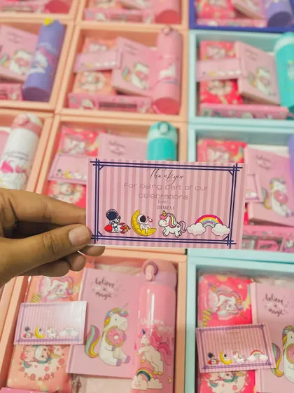 We love when customers return. This order was for a 5th birthday party with a mixed Space and Unicorn theme, and we created custom thank you cards to match.