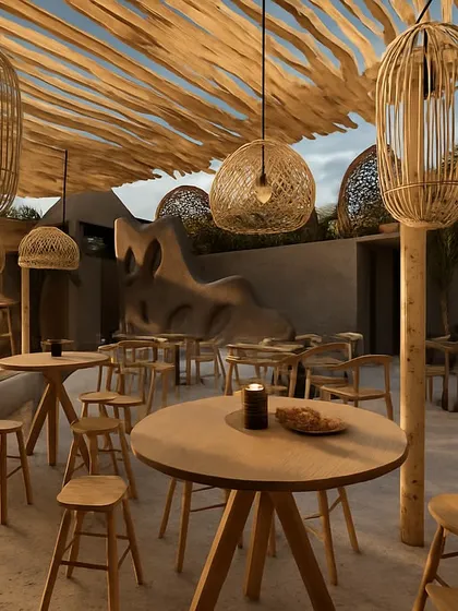 For the 6th Empirica rooftop cafe, I wanted to create a wanderlust-filled escape. The ceiling, crafted from woven bamboo and natural wood branches, creates a canopy that feels both organic and dramatic. This design transports you, making every moment feel special.