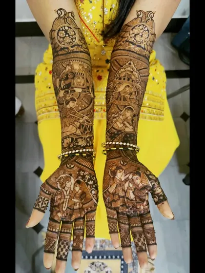 A dynamic design capturing the energy of wedding celebrations. It features musicians, dancers, and the couple's portrait, telling a story of joy and festivity from wrist to elbow.