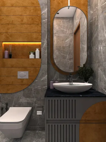 Another view of the kid's washroom, showing the harmonious blend of materials and the thoughtful inclusion of a lit storage niche.