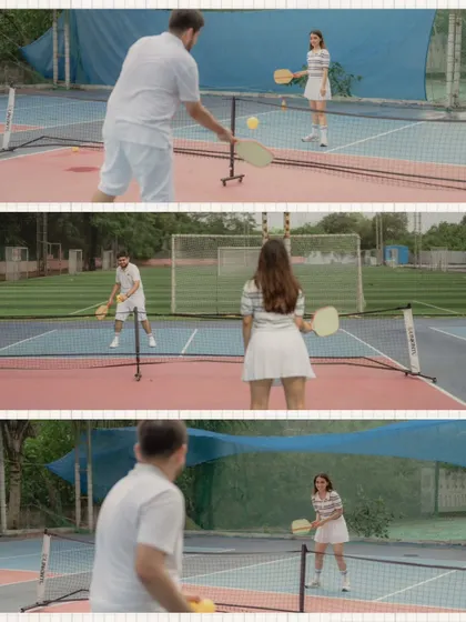 A collage of action shots, capturing the couple playing pickleball during their unique pre-wedding session.