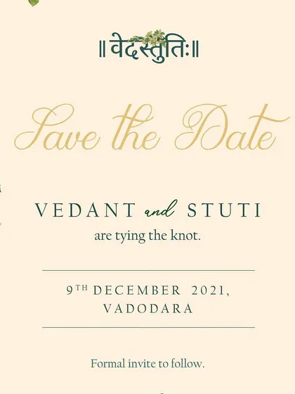 A simple and elegant Save the Date featuring a custom logo and a theme based on the sacred Tulsi plant. The clean layout and delicate botanical border create a serene and sophisticated announcement.