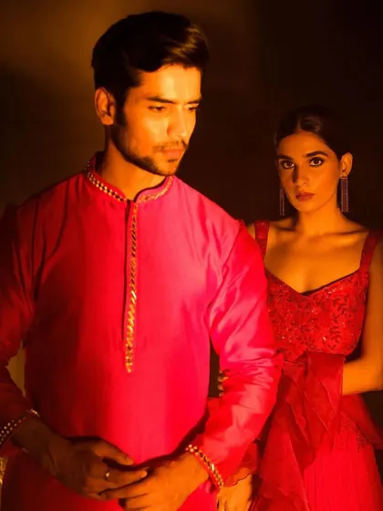 An intimate couple shot for the Nayantaara campaign. I created a cohesive look for both models, with a warm, glowing makeup look for her and clean grooming for him.