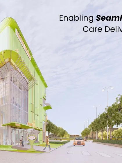 This rendering of a pediatric clinic concept shows how design can enable seamless care delivery. The vibrant green facade and playful architectural elements create an engaging and non-intimidating environment for children.