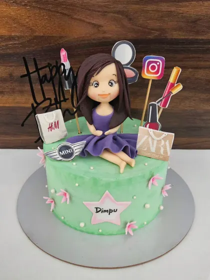 A cake for Dimpu, the lady who loves to shop! This mint green cake is decorated with her favorite brands like Zara, H&M, and Mini Cooper.