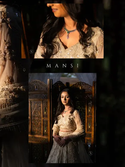 A collage of the bride-to-be, Mansi, showcasing her elegant poses and the beautiful details of her engagement outfit and jewelry.