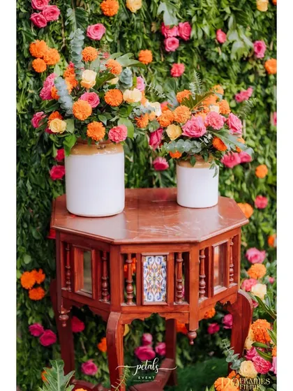 Another view of the rustic floral arrangement, perfect for adding a touch of elegance and charm to the Haldi celebration.