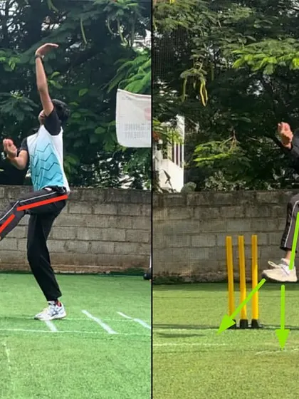 A clear view of the off spinner's improved body position. By transferring weight forward, he is now able to get much more power behind the ball.