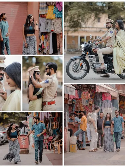 Your pre-wedding shoot should tell your personal story. For this couple, we incorporated the groom's police uniform and motorcycle into their session, creating unique and meaningful photos that celebrate their life and love in the streets of Jaipur.