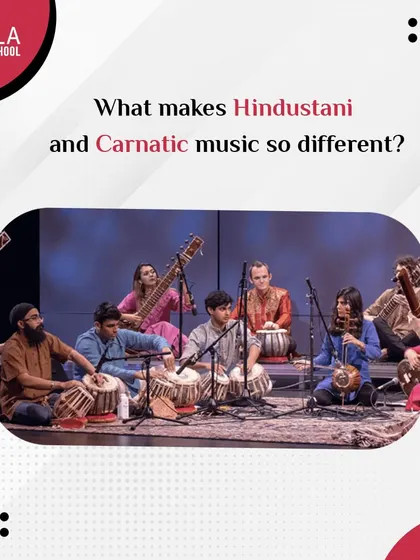 A group of musicians playing various Indian classical instruments. I teach what makes Hindustani and Carnatic music different, from their origins to their improvisational styles.