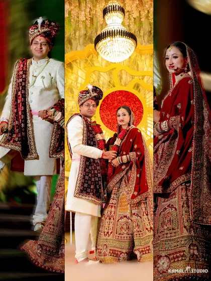 A triptych of the couple and the bride, showcasing their royal wedding looks against a grand, golden backdrop.