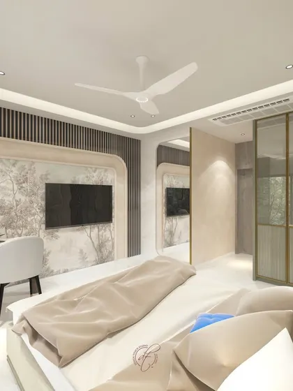A close-up of the TV and study area, showing the detailed wallpaper and the sleek, modern furniture we select for our projects.