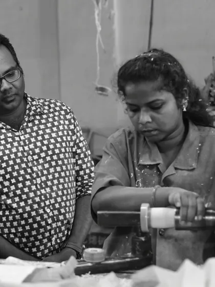 A quiet moment of collaboration between me and Pallavi at the lathe. We have been working with artisans in Channapatna since 2012, keeping the 200-year-old toy-making craft alive.