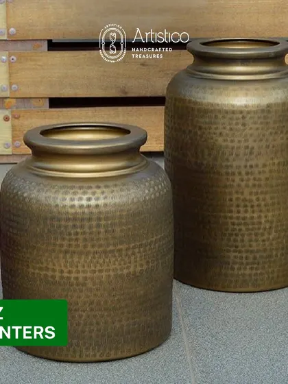 The Faiz planters have a classic pot shape with a hammered brass finish, making them a timeless choice for both indoor and outdoor plants.