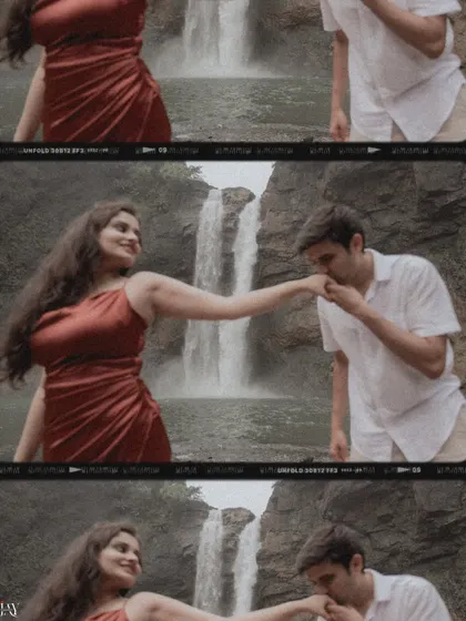 A film-strip collage of a romantic proposal moment by the waterfall.