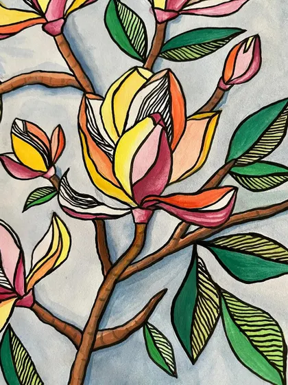 A vibrant painting of magnolia flowers, using a combination of watercolor and ink to create a stained-glass effect.