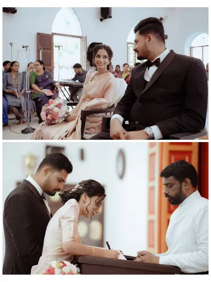 A collage showing key moments from a Christian wedding ceremony, from the couple's loving glances to the signing of the register.