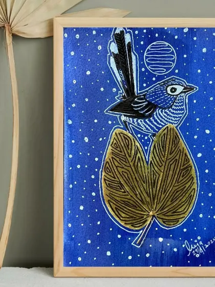 From the "VIBING with NATURE" exhibition, this series by Puja Kumari uses preserved dried leaves as a central element. Her unique style combines delicate ink drawings of birds with the natural texture of the leaves, creating beautiful, eco-friendly art.