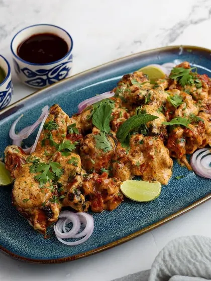 A platter of succulent chicken tikka, styled for a celebratory Iftaar feast during Ramzan.