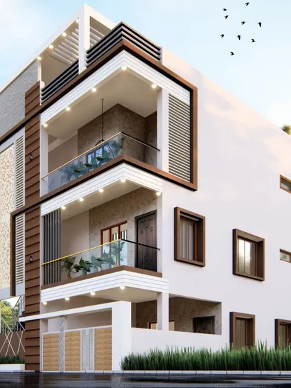 A new exterior design for a project in Bangalore, featuring clean white lines contrasted with warm wood accents. The glass railings on the balconies ensure unobstructed views and add to the modern aesthetic.