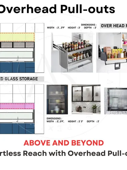 Overhead pull-outs are a game-changer for accessing upper cabinets. These mechanisms bring the entire shelf down to a comfortable height, making it effortless to reach items stored up high.
