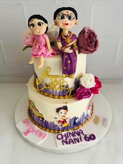 A heartwarming cake celebrating the joint birthdays of a grandmother and her granddaughter, with personalized fondant figures.