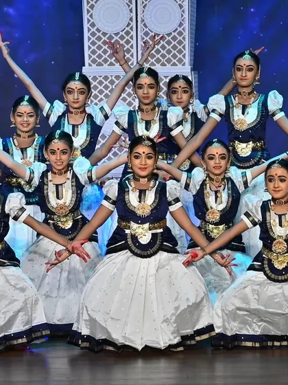 Our advanced kids' batch in a stunning group pose from their "SREEMAN NARAYAN" production. It fills my heart with pride to see them command the stage with such confidence and skill.