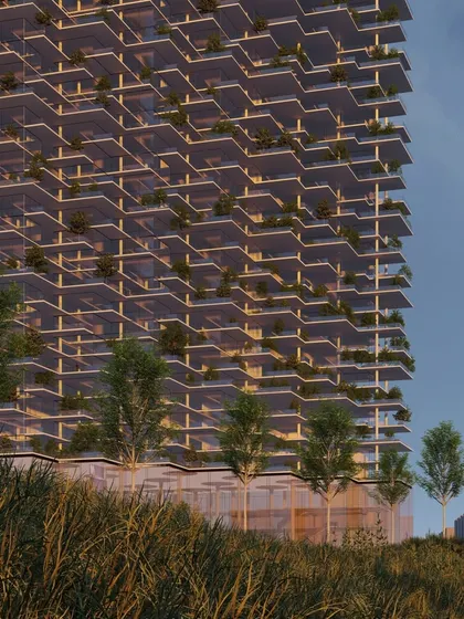 Our "Villas in the Sky" concept includes extensive amenities, like a two-acre park on the 40th floor. This rendering shows the lush, layered facade, where every balcony is a garden, creating a green and sustainable model for high-density urban living.