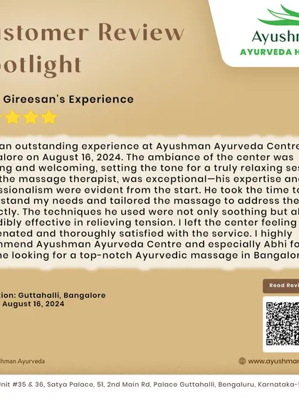 Mr. K. Gireesan had an outstanding experience at our Guttahalli center, praising the calming ambiance and the exceptional expertise of our therapist. He left feeling rejuvenated and thoroughly satisfied, highlighting the effectiveness of our techniques in relieving tension.