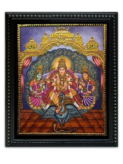 The framed Lord Murugan with Valli and Devayani painting, ready to adorn a sacred space. The traditional frame complements the artwork, making it a complete piece of devotional art.