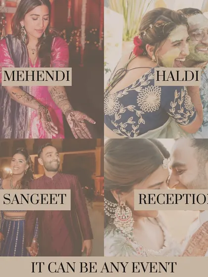 I believe every occasion deserves a unique look. This collage shows the variety of events I style for, from Mehendi and Haldi to Sangeet and Reception.