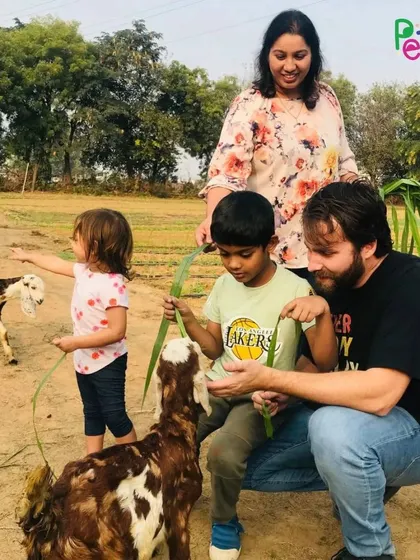 A family bonds while feeding two young goats, a perfect example of the gentle animal interactions we offer.