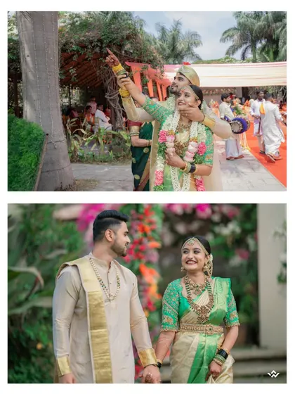 A collage of the couple during their wedding rituals, surrounded by the lush greenery of The Tamarind Tree venue.