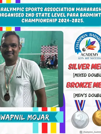 Celebrating our para-athlete Swapnil Mojar's fantastic performance, winning a silver medal in Mixed Doubles and a bronze in Men's Doubles at the state-level para-badminton championship. His dedication is an inspiration to us all.