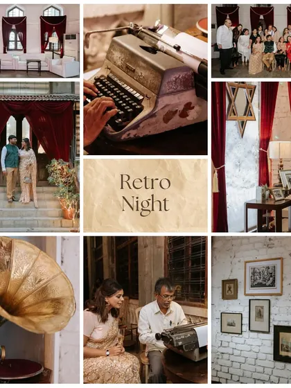 A collage from a "Retro Night" themed reception. We used vintage props like a typewriter and gramophone, along with rich velvet drapes, to transport guests to another era.