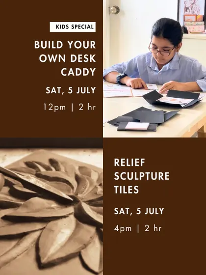 This project is so popular that we also run it as a special workshop for kids at our studio. This image from our workshop schedule highlights the 'Build Your Own Desk Caddy' session, a tried and tested activity that kids absolutely love.