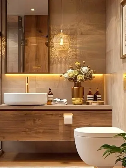 A luxurious bathroom featuring a beautiful woven pendant light that creates intricate shadows. The warm wood vanity, vessel sink, and gold fixtures come together to create an elegant and inviting space.