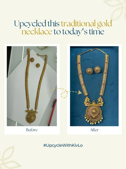A traditional long necklace was transformed into a timeless pure gold piece with a modern touch. We kept the design simple, adding only a few rubies to enhance its beauty as per the client's request.