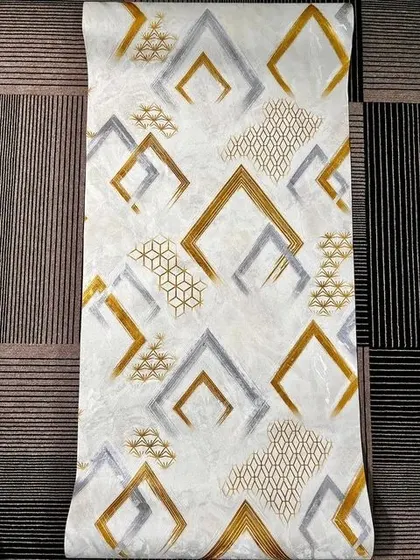 A modern abstract wallpaper with geometric diamond shapes in gold and grey on a white background.