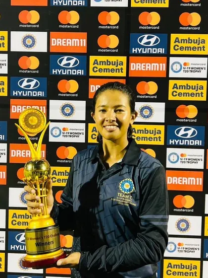 Celebrating a big win. Our player Soumya Verma holds the U-19 India Challengers trophy, a significant achievement that led to her selection for the India 'B' team.