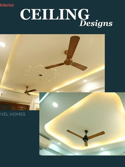 Two examples of our ceiling work: one with a classic floral medallion and cove lighting, and another with a modern, soft-cornered tray design.