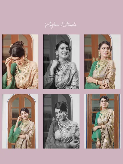 A collage of our bride Himadri, showcasing different angles of her ethereal saree look. The mix of color and black and white shots highlights the versatility and timelessness of her style.