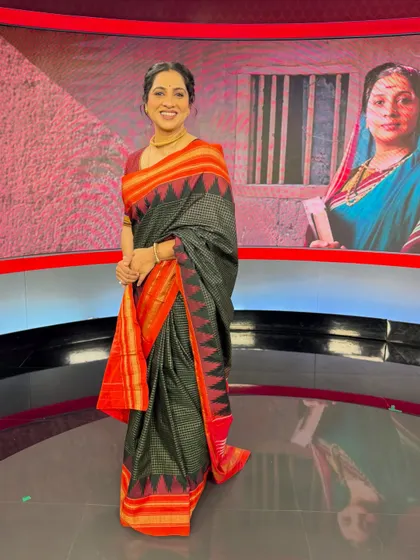 Madhurani on the set of a TV interview. The studio lighting requires a specific makeup technique to ensure she looks flawless on screen, which I have expertly applied here.